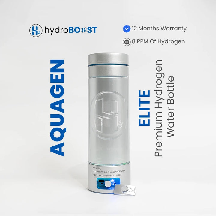 Hydroboost AquaGen Elite Hydrogen Water Bottle displaying adjustable PPB settings.