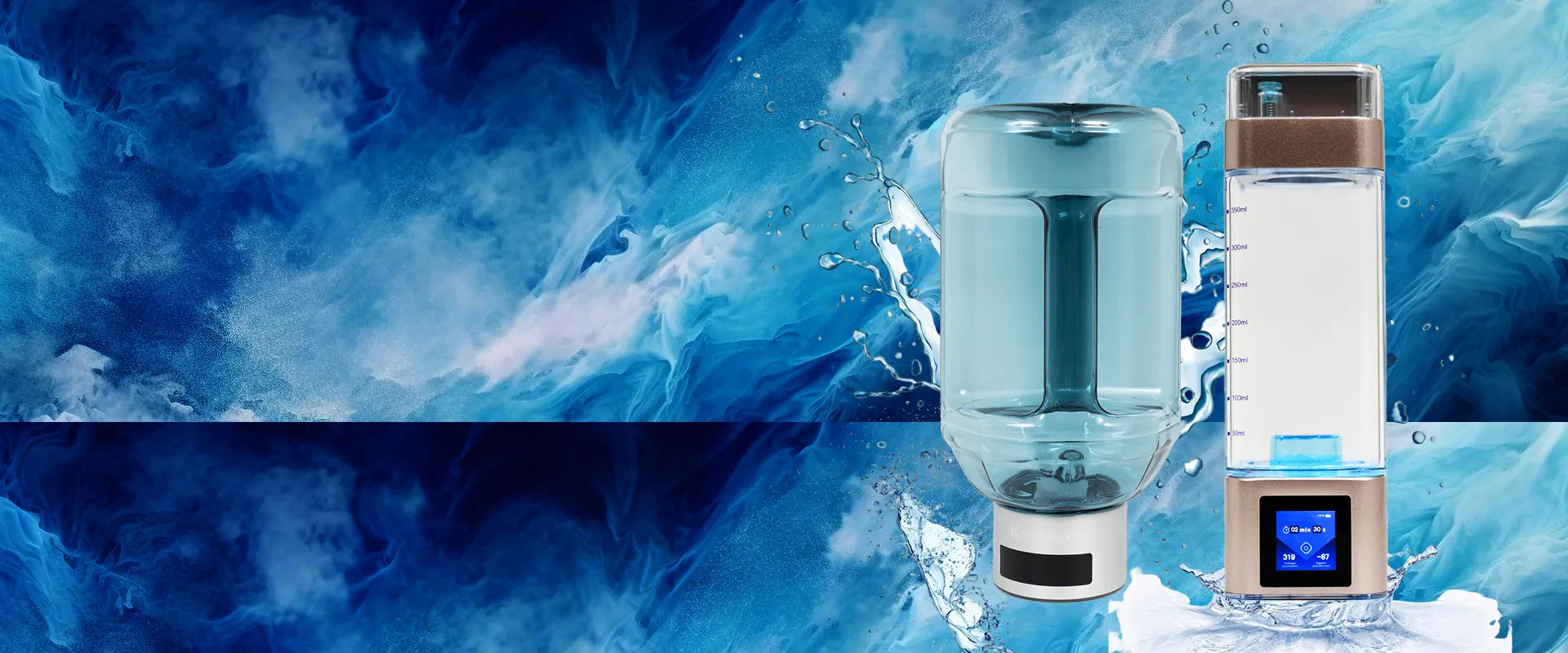 Hydroboost hydrogen water generator machine and portable bottle against a dynamic blue water background.