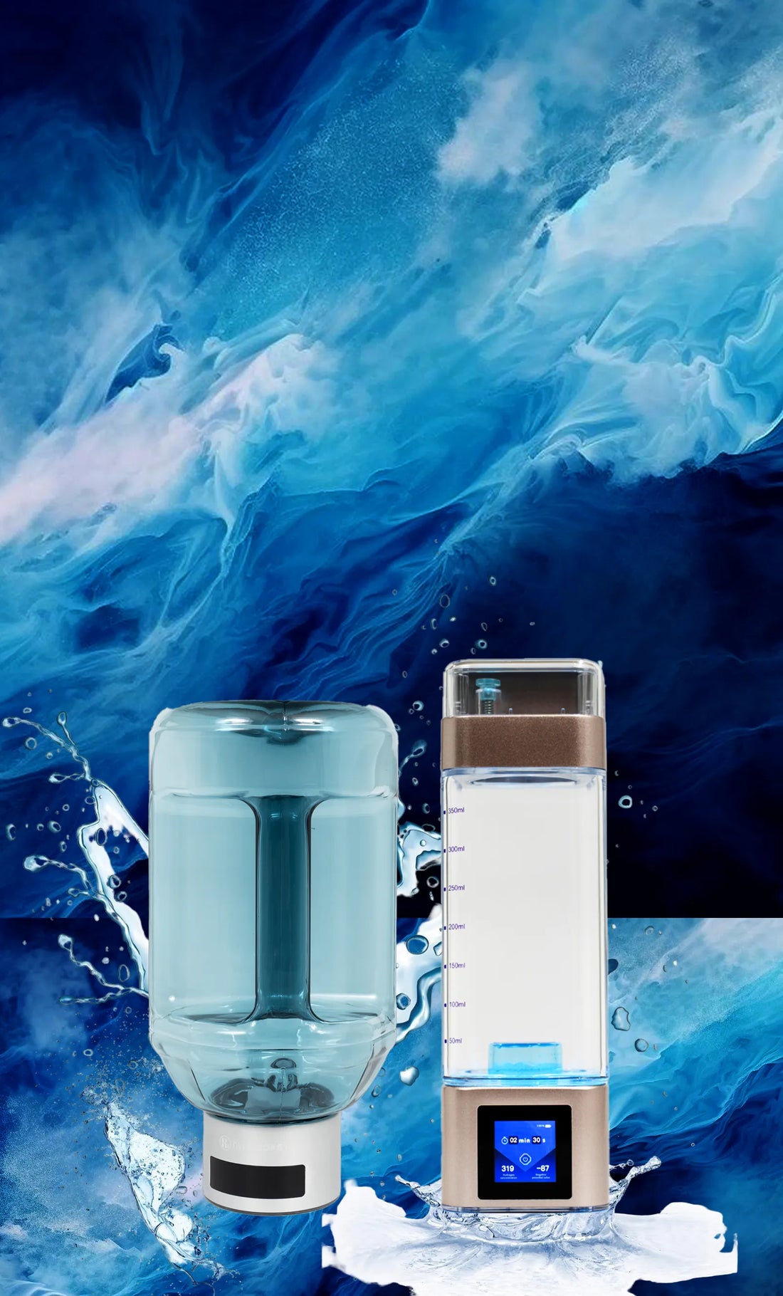 Hydroboost hydrogen water generator machine and portable bottle against a dynamic blue water background.