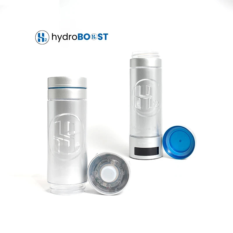 Hydroboost AquaGen Elite hydrogen bottle showing its USB-C charging cable.