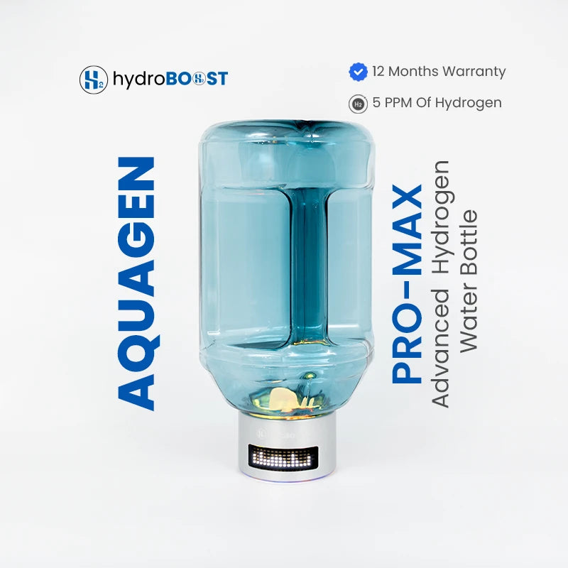 Hydroboost AquaGen ProMax 5000ppb Hydrogen Water Bottle generating hydrogen bubbles.