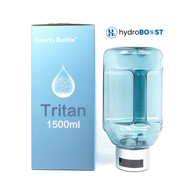 Hydroboost AquaGen ProMax 5000ppb hydrogen water bottle shown next to its packaging box.