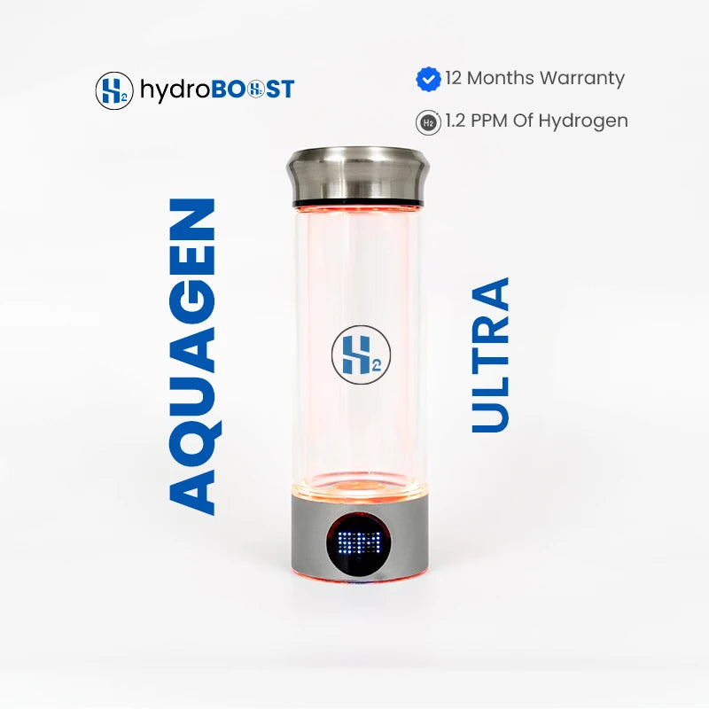 Hydroboost AquaGen Ultra 1200ppb Hydrogen Water Bottle showing SPE/PEM technology base.