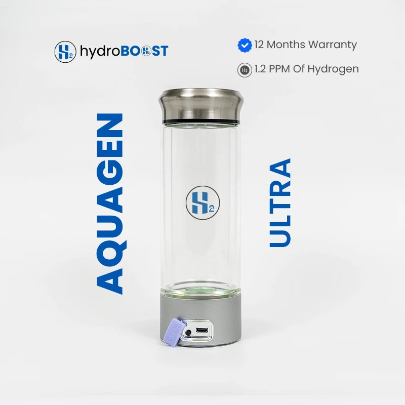 Hydroboost AquaGen Ultra 1200ppb hydrogen bottle charging via USB-C cable.