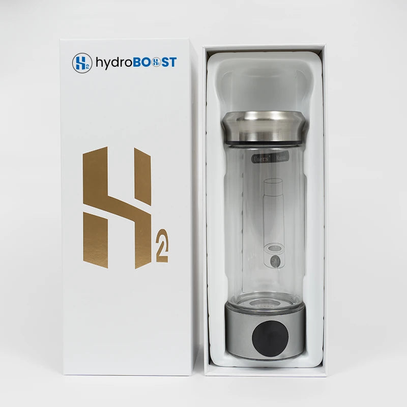 Hydroboost AquaGen Ultra 1200ppb bottle with included charging cable and manual.