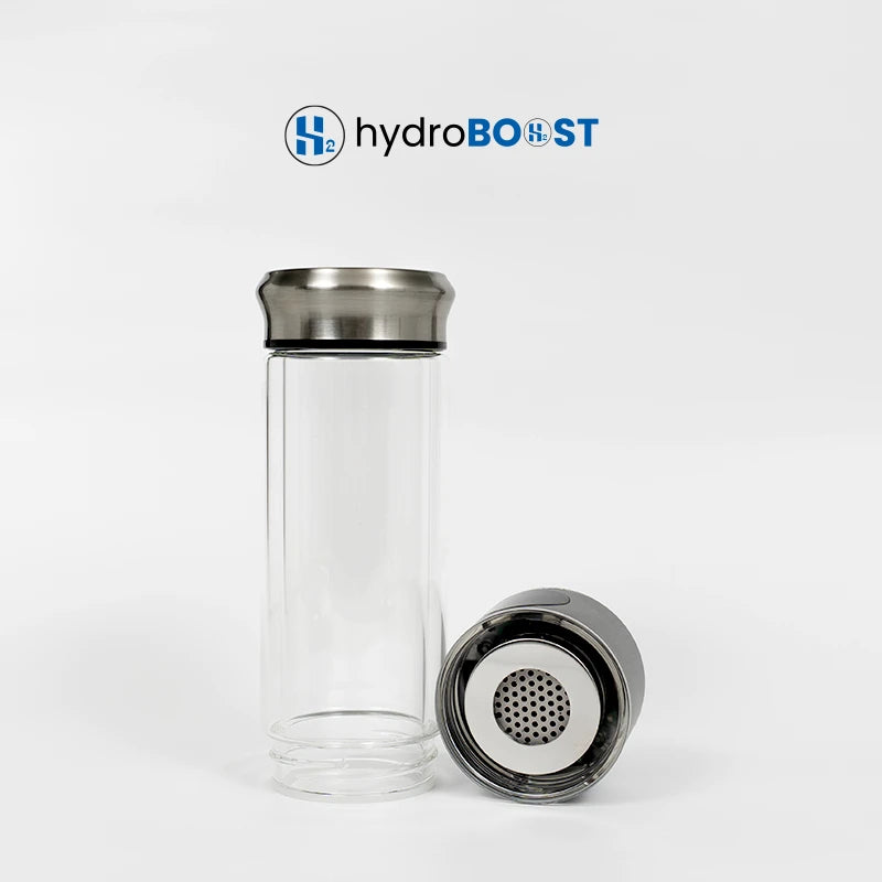 Inside view of Hydroboost AquaGen Ultra 1200ppb bottle showing platinum coated electrodes.