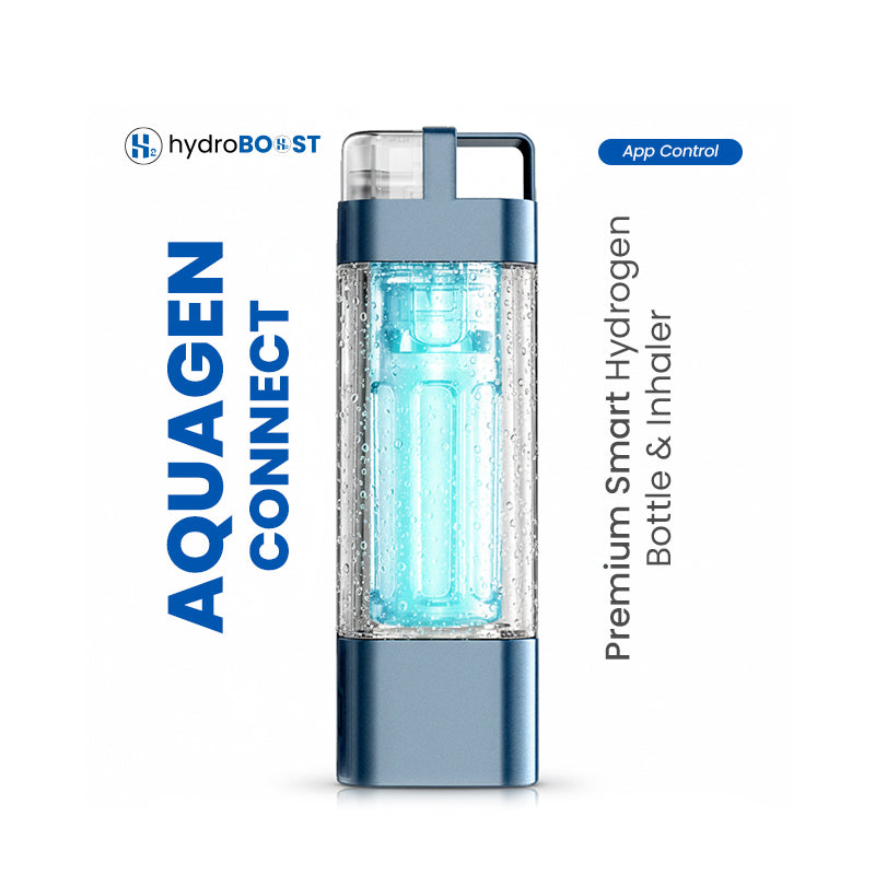 Full product image of the Hydroboost AquaGen Connect smart hydrogen bottle in blue, with its digital screen off.