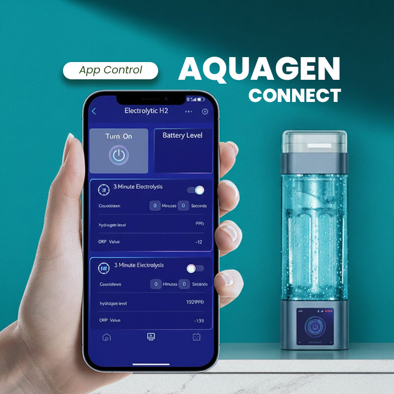 Hydroboost AquaGen Connect smart hydrogen bottle (blue) with its digital display screen powered on.