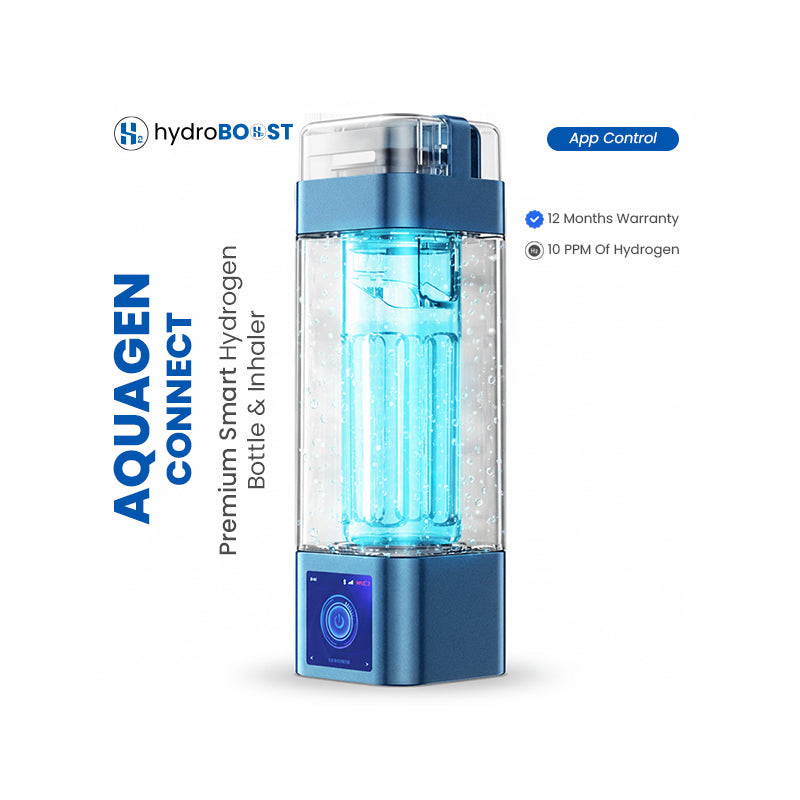 Hydroboost AquaGen Connect smart hydrogen bottle, highlighting 12 Months Warranty and 10000 PPB hydrogen generation features.