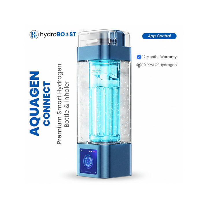 Hydroboost AquaGen Connect smart hydrogen bottle, highlighting 12 Months Warranty and 10000 PPB hydrogen generation features.