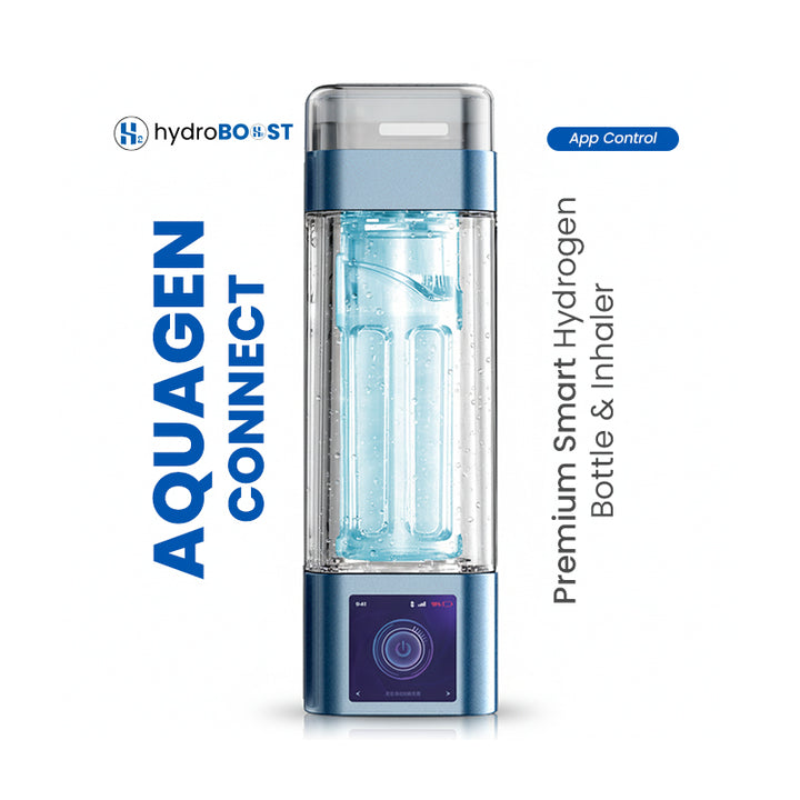 Hydroboost AquaGen Connect smart bottle being controlled by the H2-Life smartphone app, showing timers and PPB levels.